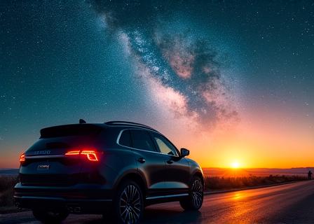 Auto pronta per il viaggio estivo sotto un cielo stellato